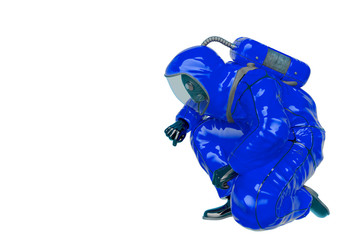 bio hazard man searching in a white background side view