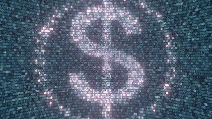 Glowing Dollar symbol made with computer symbols. Fintech related loopable 3D animation