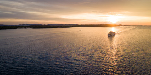Aerial view of car ferry near Zadar at sunset, Croatia