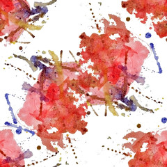Seamless abstract pattern of watercolor spots, dots and lines. Pink, red, blue, brown on a white background.