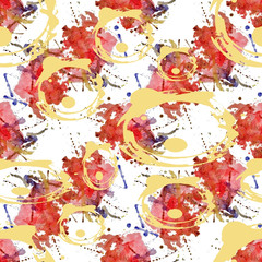 Seamless abstract pattern of watercolor stains, dots and lines. Pink, red, gold, blue, on a white background.