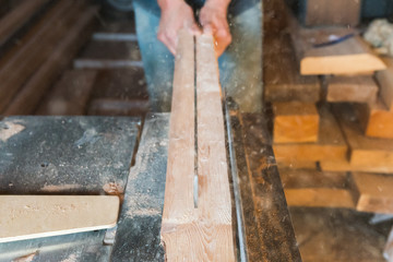 Woodworking machine process a wooden plank by a circular saw. Workers hands hold a wooden plank. selective focus. Motion blur. Manual wood processing concept.