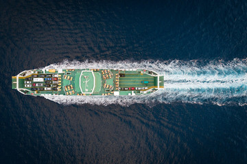 Aerial view of car ferry from above, Croatia - obrazy, fototapety, plakaty