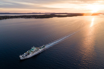 Aerial view of car ferry near Zadar at sunset, Croatia