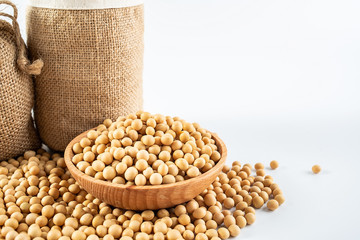 Sacks filled with grain and a bowl of yellow beans on a white background