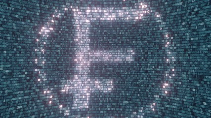 Glowing Swiss Franc sign made with computer symbols. Fintech related loopable 3D animation