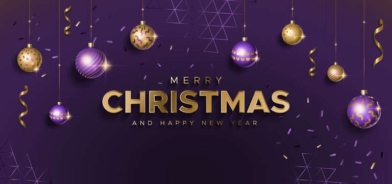 Christmas background with gold and purple balls. Unique design for banner, poster or invitation