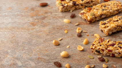 granola bars with nuts with space for design, horizontal photo, diet, proper nutrition