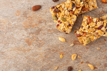 granola bars with nuts with space for design, horizontal photo, diet, proper nutrition