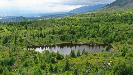 Fototapeta na wymiar Aerial view of small blind mountain lake reflecting trees and skies in crystal clear water, surrounded by coniferous forest recovering from heavy windstorm. Some tree trunks are fallen into the water.