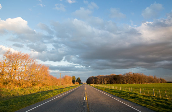A rural country highway in the late afternoon, Canterbury, New Zealand