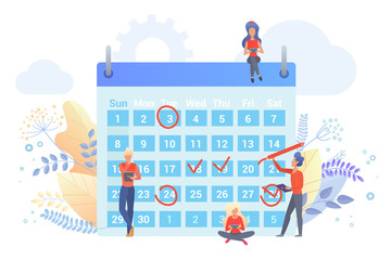 Workers planning time with calendar flat vector illustration. People marking dates with red circle, check signs cartoon characters. Time management metaphor. Scheduling agenda, company events