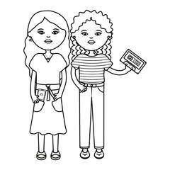cute girls with music player and cassette characters