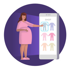 Pregnant Woman choosing baby clothes from a Smartphone. Vector Illustration of a future mother in a pink robe shopping online through mobile app from home. Grainy texture gradient style