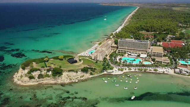 Aerial drone video from iconic village of Sani with unique nature in North Kassandra peninsula, Halkidiki, North Greece