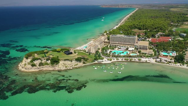 Aerial drone video from iconic village of Sani with unique nature in North Kassandra peninsula, Halkidiki, North Greece