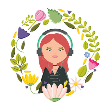 cute woman with earphones and floral decoration