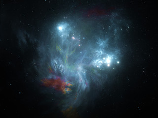 Vast interstellar deep space, starfield, stars and space dust scattered throughout the universe. Cosmic artwork. Distant swirling galaxies, glowing nebula cloud, astral artwork. © Cedar