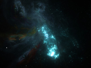 Vast interstellar deep space, starfield, stars and space dust scattered throughout the universe. Cosmic artwork. Distant swirling galaxies, glowing nebula cloud, astral artwork.