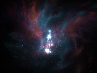 Vast interstellar deep space, starfield, stars and space dust scattered throughout the universe. Cosmic artwork. Distant swirling galaxies, glowing nebula cloud, astral artwork.