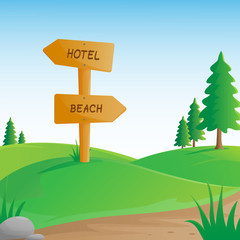 Hills landscape with wooden signboard.