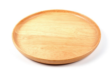 Empty round wood plate on white background, brown wooden dish
