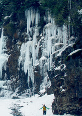 Fototapeta na wymiar Icicles on Cliff Near a Frozen Waterfall 