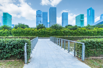 park pedestrian walkway and modern skyscrapers, shenzhen city, china.