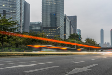 the traffic light trails of city.