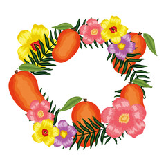 fresh mangos fruits with flowers and leafs