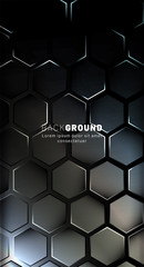 Vertical hexagon background. Gradient color light pattern with dark background technology style. Honeycomb. Vector illustration of light.