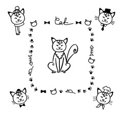 Cat illustration with a set of details for greeting card design, fabric, cover, t-shirt printing, inspiration poster. Funny abstract cat with a set of details on the theme of cats. Doodls. Hand-drawn