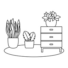 Plants inside pots and furniture vector design