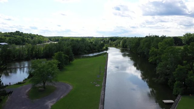 Aerial Erie Canal lock 29 diversion Palmyra New York. Pioneer engineering wonder. 363 miles long man made waterway built in 1817. Transport of cargo from eastern ports and cities.