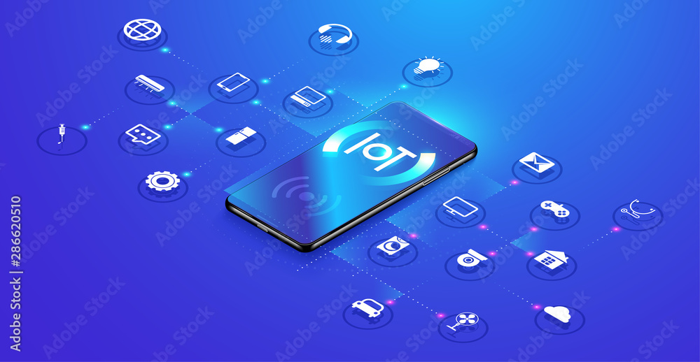 Sticker internet of things on isometric design. smartphone network communications with things and objects, m
