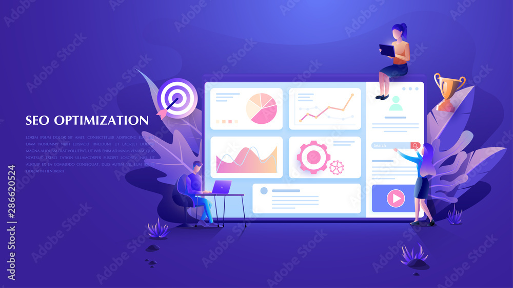 Wall mural modern flat design seo optimization concept. seo, data and online marketing analytics team for websi