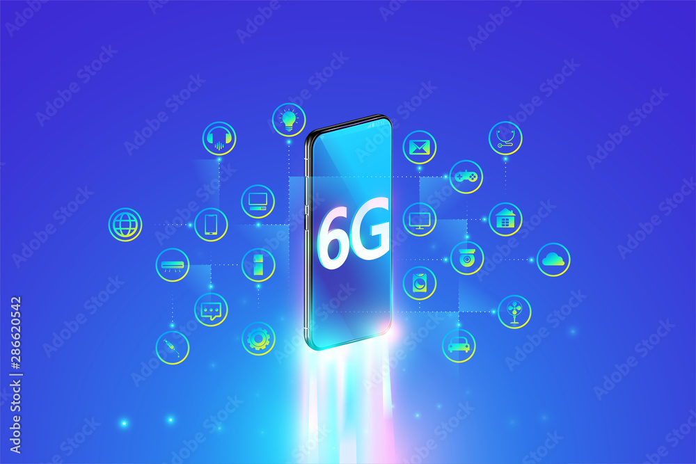 Sticker 6g system fastest internet connection with smartphone and internet of things concept, 6th generation