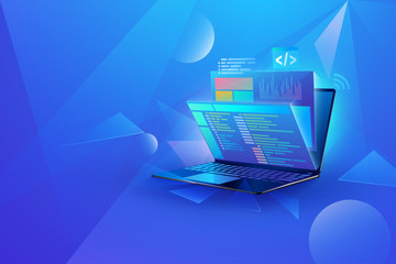 web development technology concept design. Laptop with virtual interactive screens processing, web interface design, software coding and programming languages