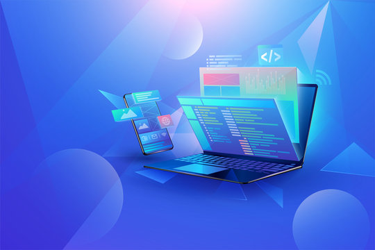Mobile app development concept design cross platform user interface Laptop with virtual interactive screens processing, web interface design, software coding and programming languages