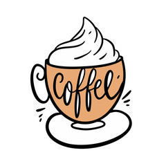 Coffee latte hand drawn vector illustration and lettering. Isolated on white background.