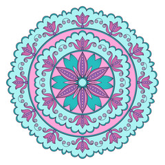 Decorative colorful ethnic mandala pattern. Design element for greeting card, banner or poster in oriental style. Hand drawn illustration