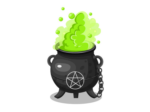 Cartoon witches cauldron. Concept cartoon witches cauldron for halloween of magic, witchcraft, boiling potions. Vector clipart illustration isolated on white background