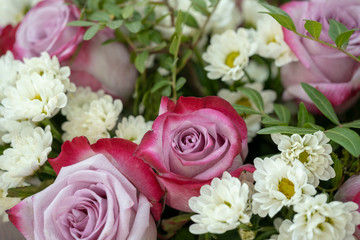 Bouquet of flowers for the background. Roses, white daisies, green branches.