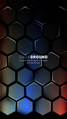 Vertical hexagon background. Gradient color light pattern with dark background technology style. Honeycomb. Vector illustration of light.