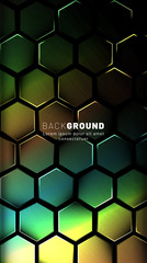 Vertical hexagon background. Gradient color light pattern with dark background technology style. Honeycomb. Vector illustration of light.
