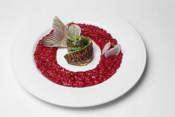 fish with red bean garnish
