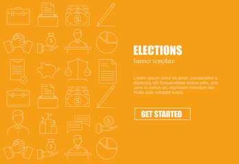 Banner template with elections and voting icons and symbols. Line style illustration. Voting, making a choice icons for applications and web.