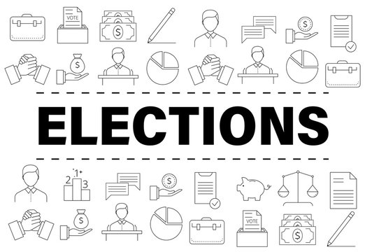 Banner template with elections and voting icons and symbols. Line style illustration. Voting, making a choice icons for applications and web.