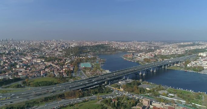 shooting with fluent traffic and drone on bridge
