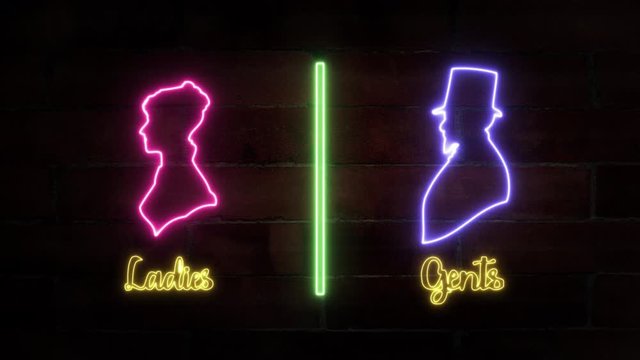 A retro flickering neon sign over a brick wall, with the shapes of a woman and a man from the past centuries, separated by a green bar, indicating the toilets.